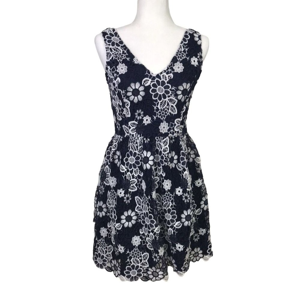 JOA Los Angeles Sz Small A Line Dress Blue White Lace Overlay Floral Sleeveless